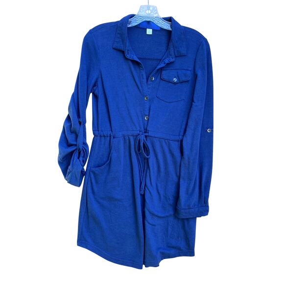 Blue 3/4 Sleeve Button Up Dress With Waist Tie & front pocket | Size Small - Picture 1 of 2